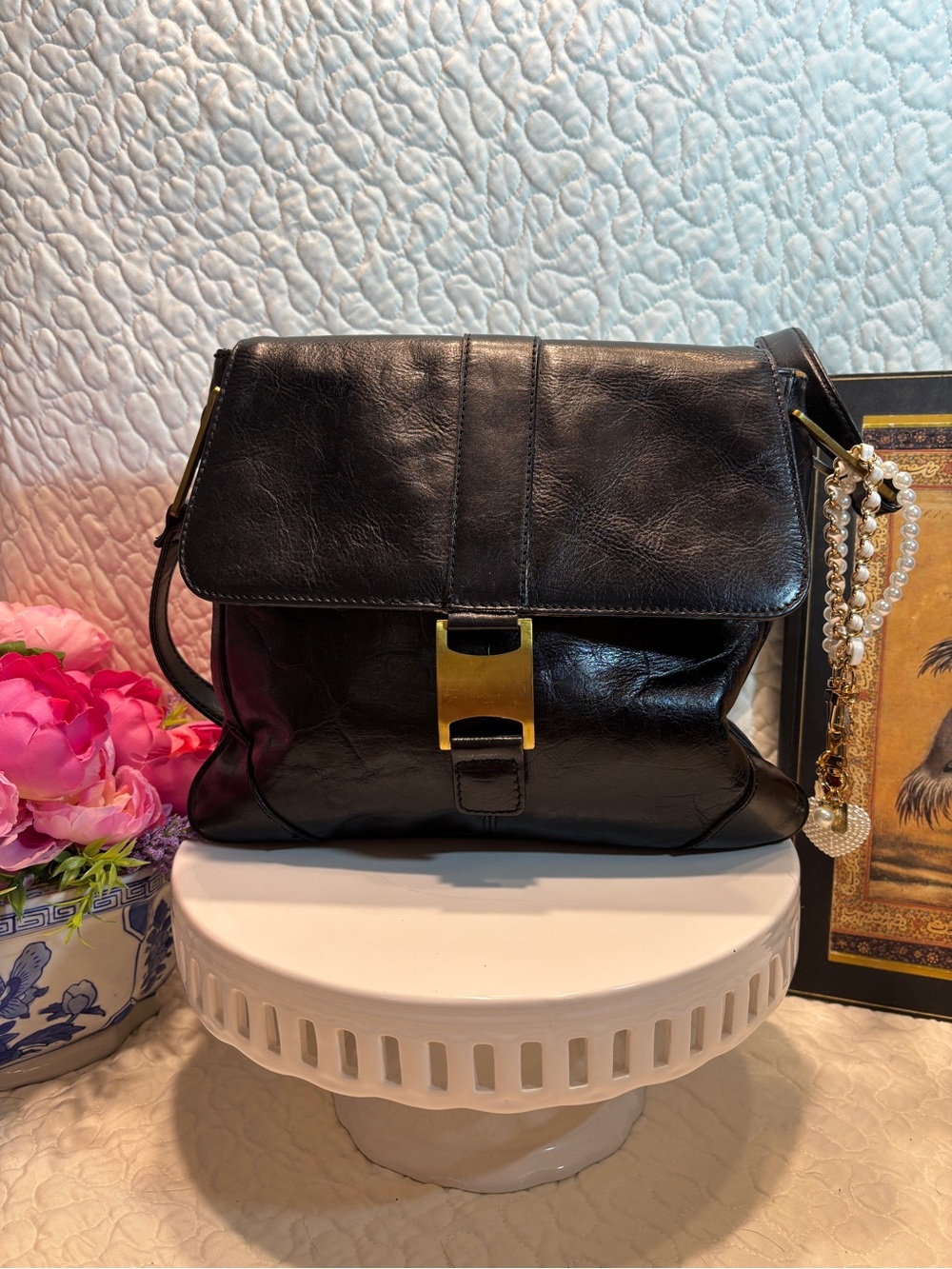 Vintage Diamicci Black Leather Shoulder or Crossbody Bag with Gold Accent